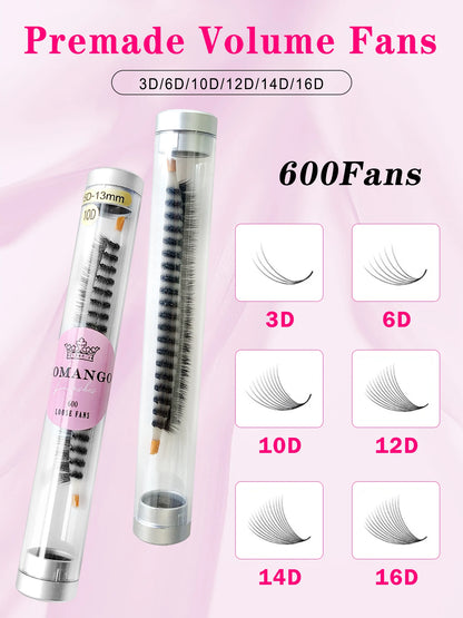 CoMango 600Fans Premade Volume Eyelashes – C/D Curl 8-15mm Loose Fan Extensions, Cat Eye Mega Russian Soft Lashes