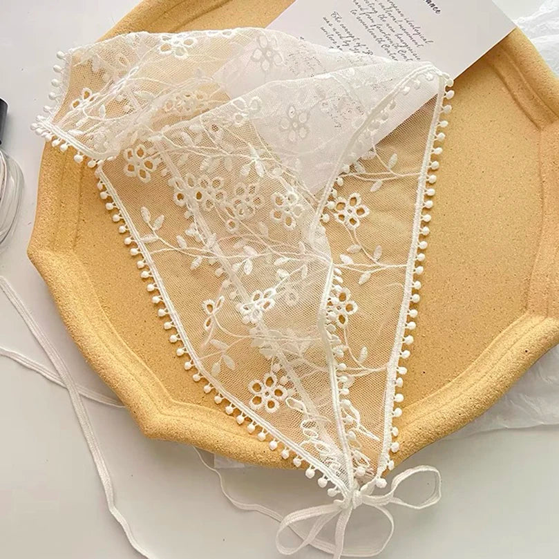 White Woven Floral Lace Hair Scarf Wrap – Retro Triangle Headscarf, Travel & Photo Hat, Hair Accessories for Women