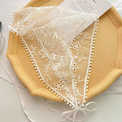 White Woven Floral Lace Hair Scarf Wrap – Retro Triangle Headscarf, Travel & Photo Hat, Hair Accessories for Women
