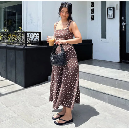 Elegant Women’s Polka Dot Maxi Dress – Chic Sleeveless Round Neck High Waist Slim Fit Vestido for Party & Street, 2025 New