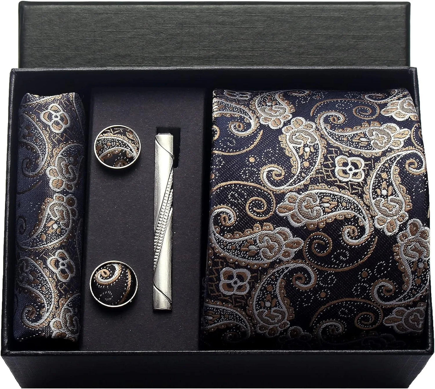100% Silk Men’s Necktie Set with Paisley Floral Design, Business Tie with Pocket Square, Tie Clip & Cufflinks Gift Box Set for Men