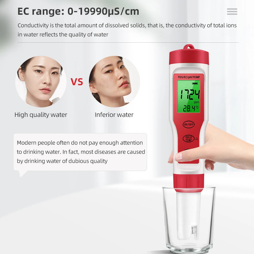 Waterproof PH Meter - PH/TDS/EC/Temp Digital Water Quality Monitor with Backlight for Pools, Drinking Water & Aquariums