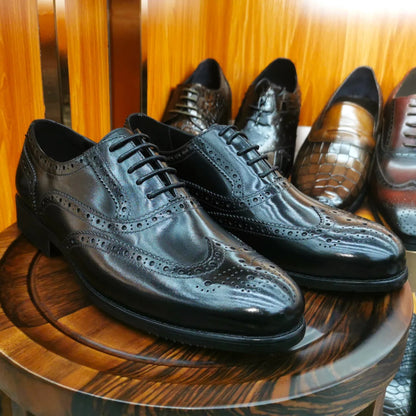 Men’s Genuine Leather Wingtip Oxford Shoes - Luxury Brogue Lace-Up Black and Brown Business Wedding Dress Shoes