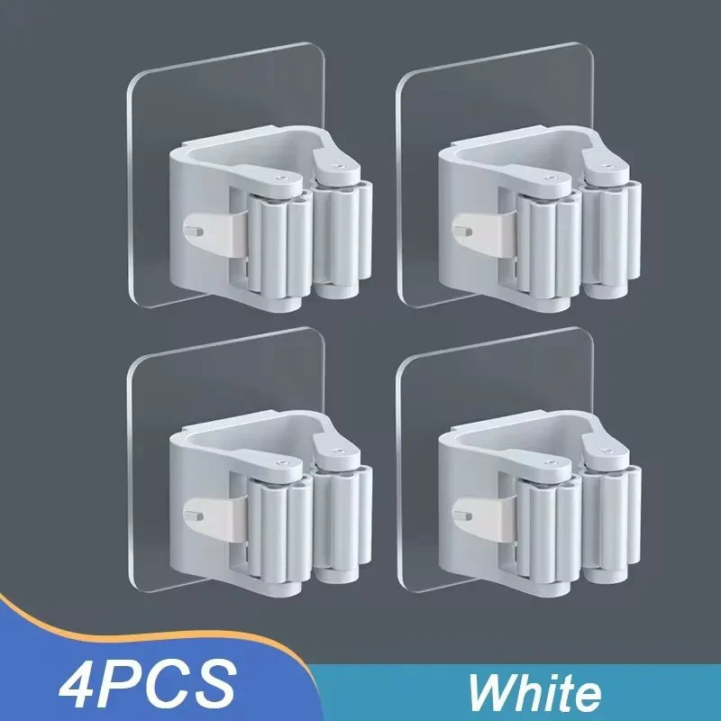 Mop Hanger 4-Pack — Self-Adhesive Wall-Mounted Broom & Mop Holder for Laundry Room & Bathroom Organization