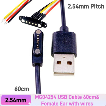 Magnetic Pogo Pin Connector - 2–5 Pin Spring-Loaded Male/Female Power Socket, 2.54/2.8mm Spacing, USB Cable Compatible