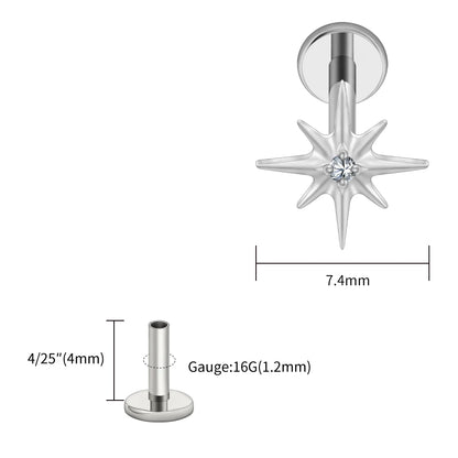 Right Grand ASTM F136 Titanium CZ North Star 16G Flat Back Earring – Tiny Starburst Helix, Cartilage & Earlobe Stud Piercing Jewelry