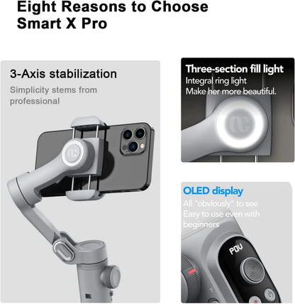 Handheld 3-Axis Gimbal Stabilizer – Smart X Pro for Smartphones, Wireless Charging, OLED Display, LED Light & Focus Wheel