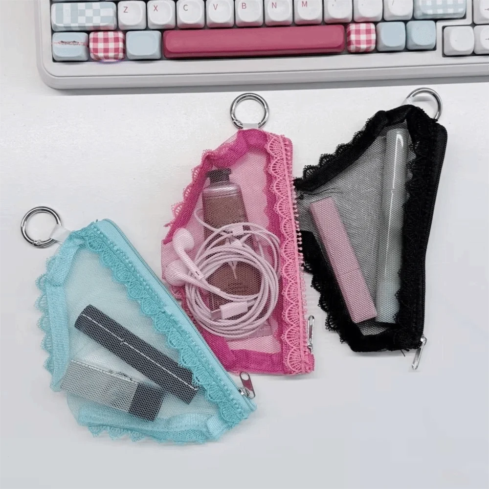 Fashion Mesh Cosmetic Bag - Clear Lace Trim Makeup Pouch with Zipper for Jewelry, Headphones & Accessories