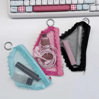 Fashion Mesh Cosmetic Bag - Clear Lace Trim Makeup Pouch with Zipper for Jewelry, Headphones & Accessories