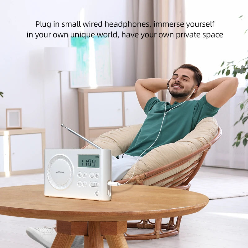 AIBEN C5S Mini Portable Radio — Handheld Rechargeable Digital FM Radio with USB Charging Port & Built-In Speaker