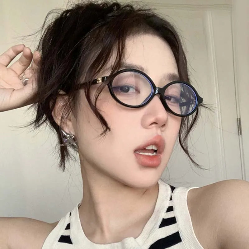 Oval Small Frame Retro Glasses for Women - Korean Plain Style Anti-Blue Light Eyewear, Ladies Optical Spectacles