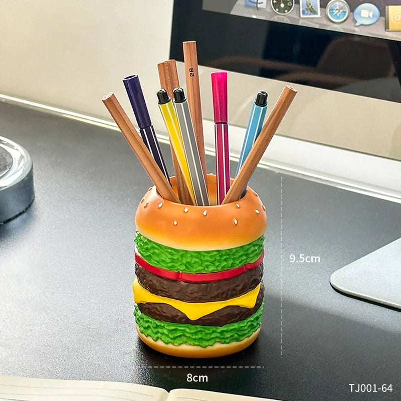 Miniso Cute Burger Pen Holder — Fun Desktop Organizer for Pens, Bedroom Desk Decoration, and Gift for Friends