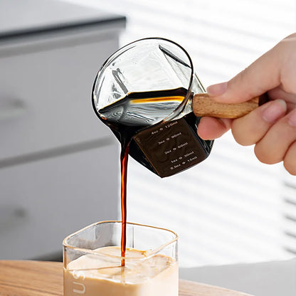 120ml Glass Espresso Measuring Cup with Wooden Handle — Hexagon Coffee Milk Jug & Sauce Pitcher