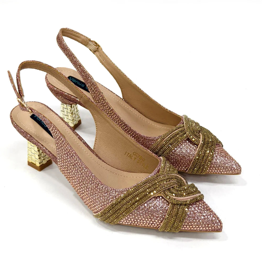 Venus Chan Women’s Champagne Shoe & Bag Set - Rhinestone Heels and Handbag for Nigerian Parties & Weddings