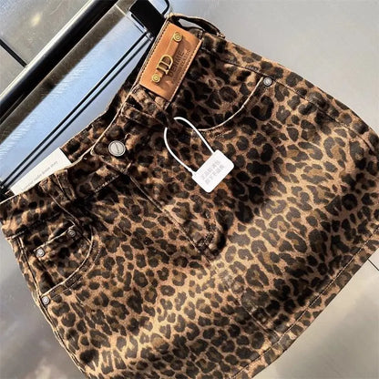 Women’s Elastic Brown Leopard Print Denim Mini Skirt – Trendy Hip Skirt