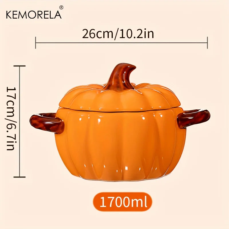 Halloween Pumpkin Ceramic Bowl – Oven-Safe Casserole with Lid & Handles for Thanksgiving