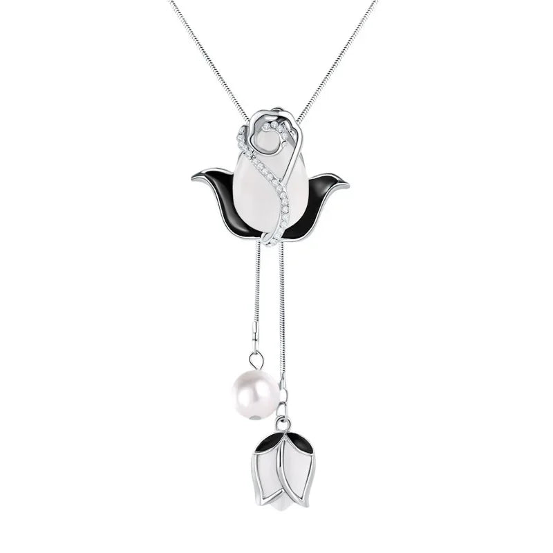 Opal Tulip Long Sweater Necklace – Elegant Floral Pendant Chain for Women Autumn Winter Fashion Accessories