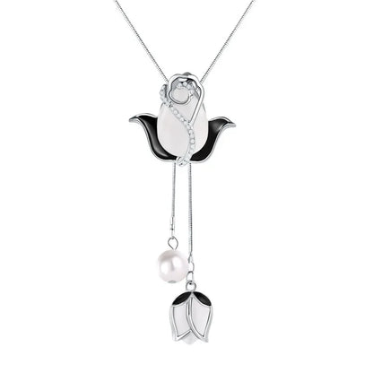 Opal Tulip Long Sweater Necklace – Elegant Floral Pendant Chain for Women Autumn Winter Fashion Accessories
