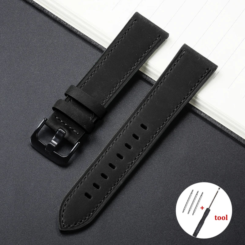 Calfskin Genuine Leather Watch Band – Black, Blue & Dark Brown Straps for Smartwatches, 18mm-24mm Accessories