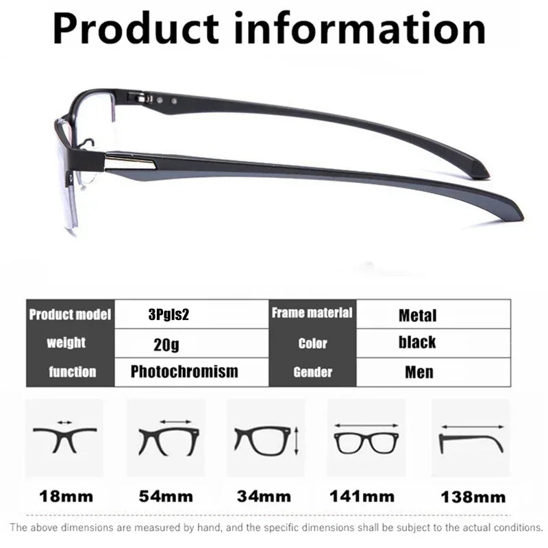 Progressive Multifocal Photochromic Reading Glasses – Anti-Blue Light Half Frame for Men with Presbyopia & Far Sight Protection