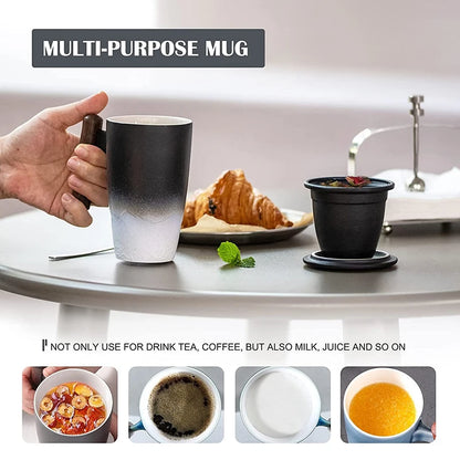 Vintage Luxury Ceramic Bubble Tea Cup with Wooden Handle - Large Thermal Coffee Mug and Personalized Tableware Gift