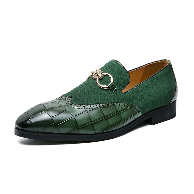Autumn Green Nubuck Leather Loafers for Men - Slip-On Pointed Toe Casual Shoes with Thick Sole and Luxury Fashion Style