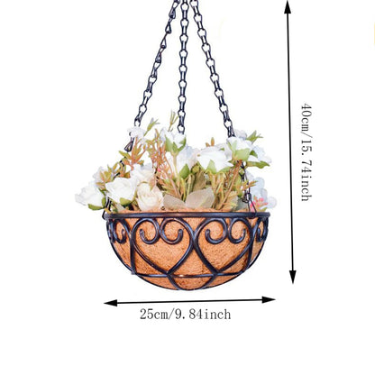 Coconut Brown Round Iron Chain Hanging Basket – European Style Flowerpot for Succulents & Chlorophytum Comosum Plants