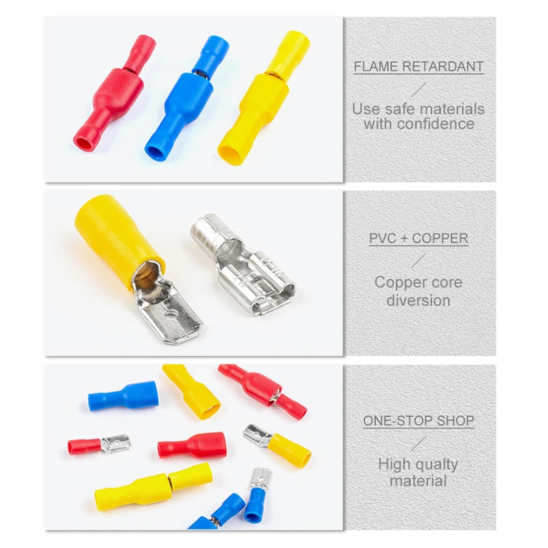 50PCS (25 Set) Insulated Female & Male Spade Crimp Terminal Connectors 6.3mm FDD/MDD Electrical Wiring Cable Plug Kit Universal Use