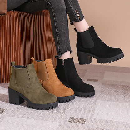 Women’s 2024 Designer Platform Ankle Boots – Elegant Round Toe Zipper Short Boots for Autumn Winter
