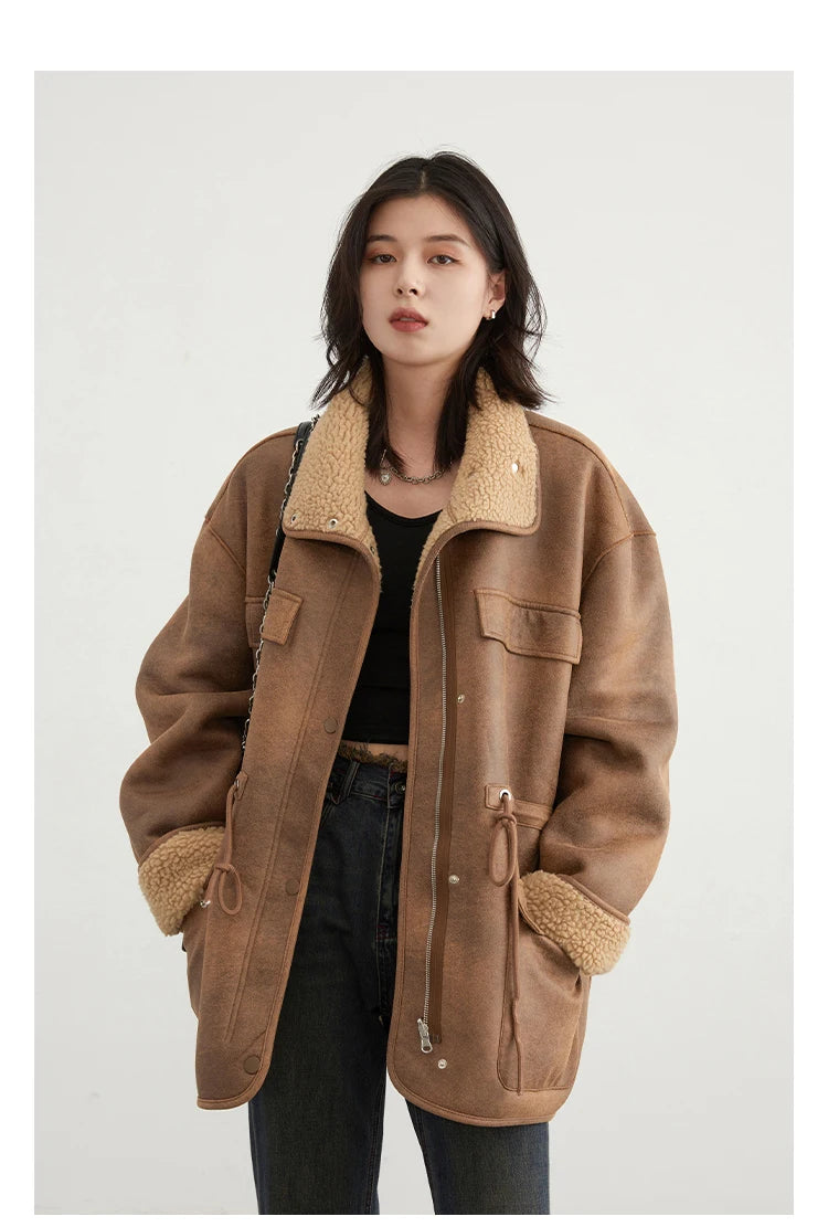 CHIC VEN Women's Reversible Jacket – Thick Suede, Motorcycle Style, Loose Fit Winter & Autumn Outerwear 2023