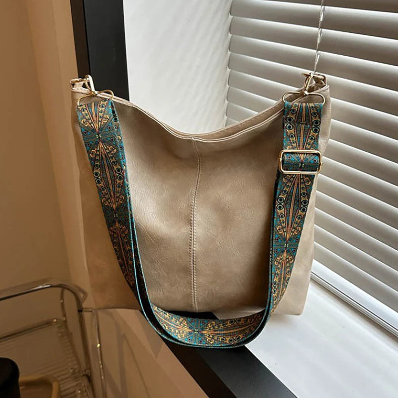 Wide Geometric Strap Shoulder Bag - Large Capacity Crossbody PU Leather Bag for Women, Retro Style for Shopping and Travel