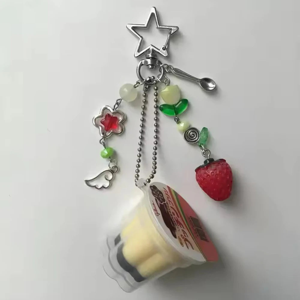 Pudding Keychain - Y2K Retro Egg Flan Charm Beaded Pendant for Bags Phone & Cosplay Accessories