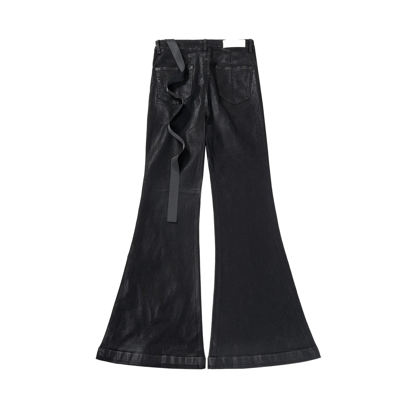 Men’s Streetwear Black Wax Leather Stretch Jeans — Baggy Y2K Flare Oversized Straight Denim Trousers