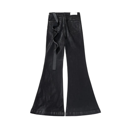 Men’s Streetwear Black Wax Leather Stretch Jeans — Baggy Y2K Flare Oversized Straight Denim Trousers