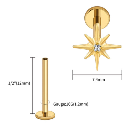 Right Grand ASTM F136 Titanium CZ North Star 16G Flat Back Earring – Tiny Starburst Helix, Cartilage & Earlobe Stud Piercing Jewelry