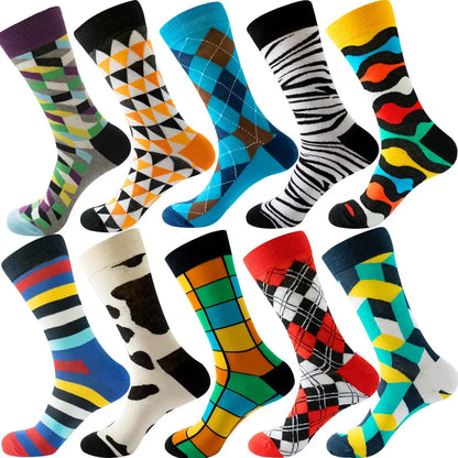 10-Pair Big Size Crew Socks Pack - 38 Style Funny Rhombus Casual Fashion Socks for Men