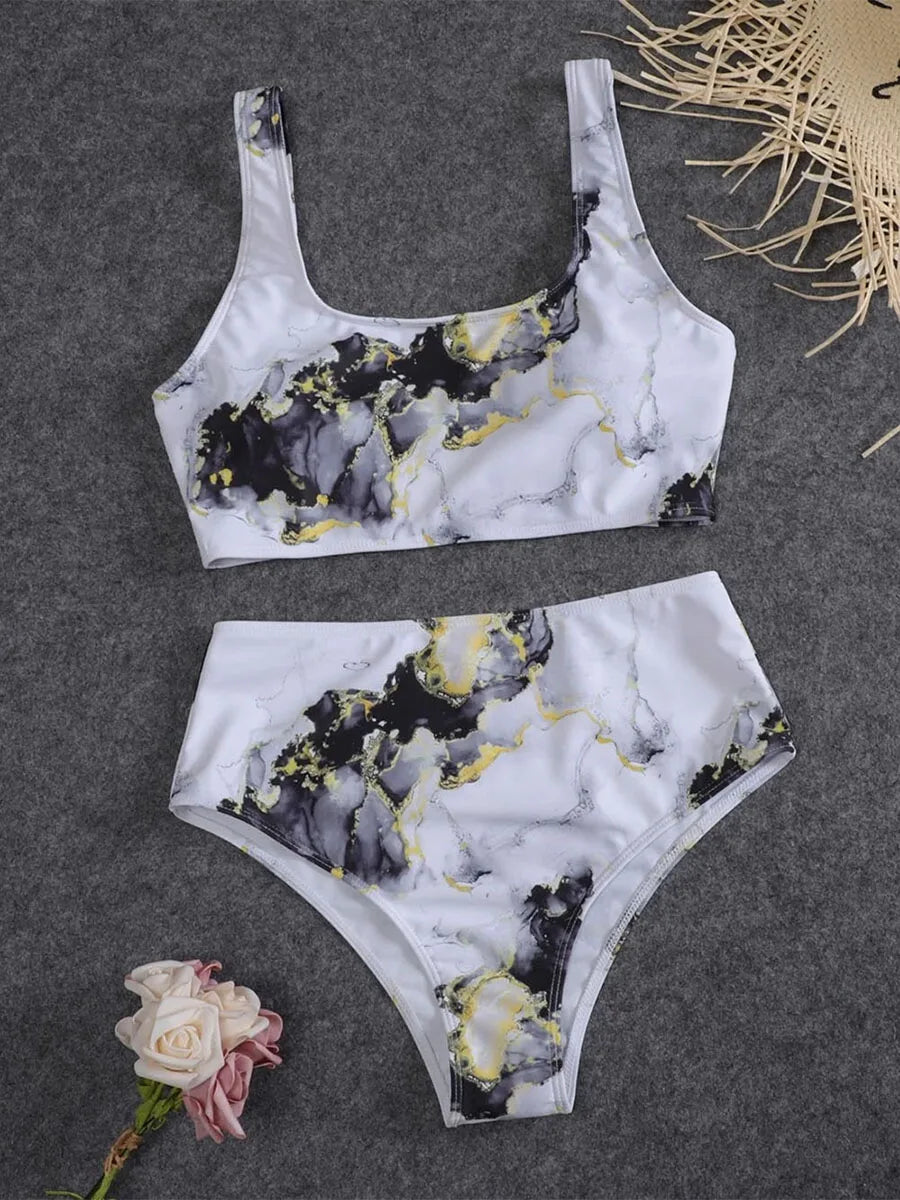 Women’s Marble Print Bandeau Bikini Set - Push Up High Waist Sport Swimsuit Beachwear