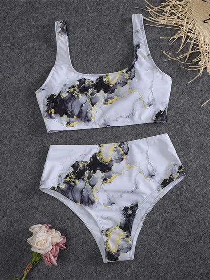 Women’s Marble Print Bandeau Bikini Set - Push Up High Waist Sport Swimsuit Beachwear