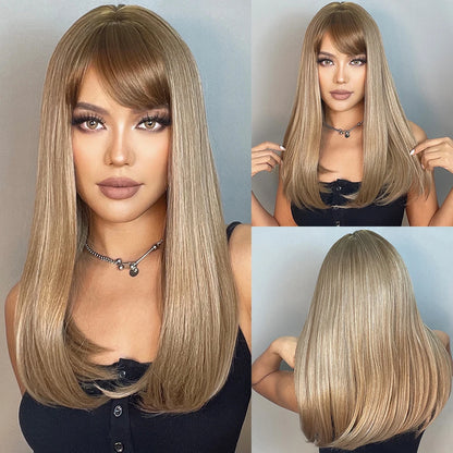 ALAN EATON Blonde Layered Synthetic Wig with Bangs – Long Straight Heat-Resistant Wig for Women & Girls, Natural Daily Hair