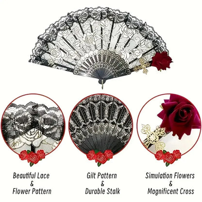 Vintage Spanish Flamenco Rose Lace Folding Fan - Elegant Handheld Fan for Weddings & Parties