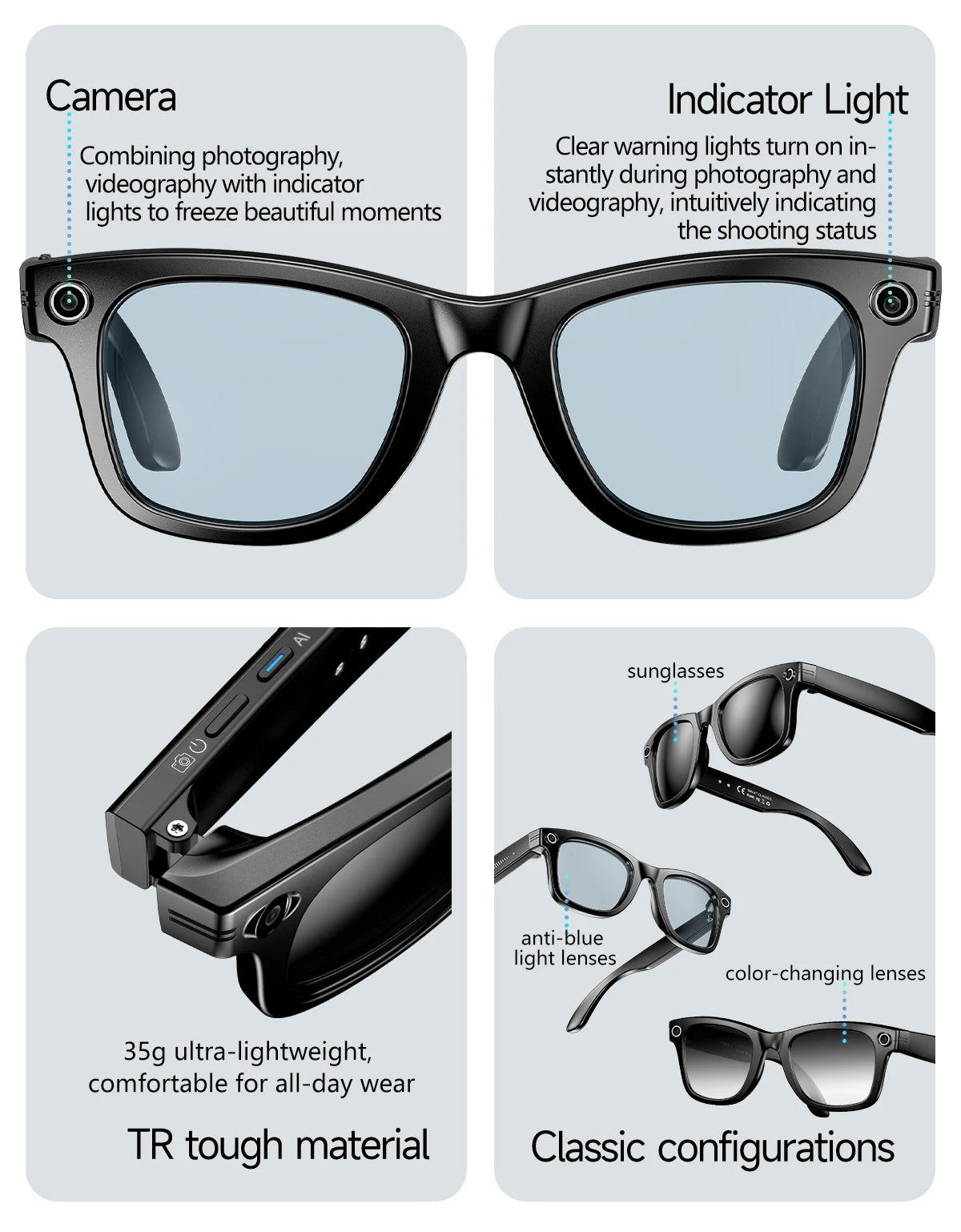 8MP Smart Glasses — AI Photo Recognition, Video Recording, Translation, Bluetooth, IP65 Waterproof, 270mAh Battery