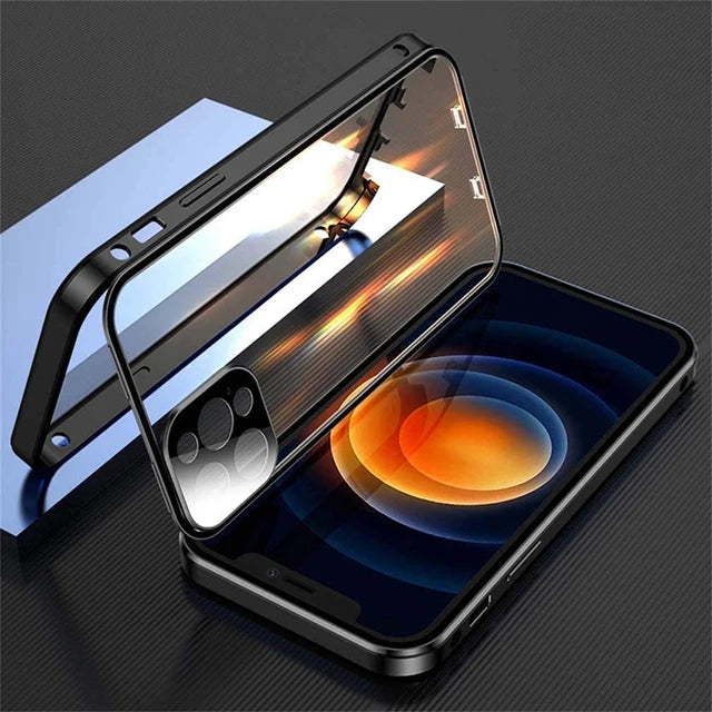 360° Full Protection Magnetic Metal Phone Case - Double-Sided Glass Cover with Lock Buckle for iPhone 11-16 Pro Max