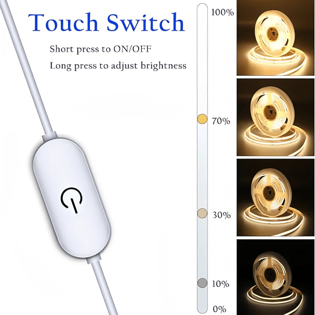 LED COB Light Strip – Flexible USB 5V Touch Dimmer Tape for Indoor Lighting, DIY TV, Mirror Backlight & Wall Decor