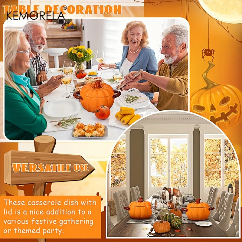 Halloween Pumpkin Ceramic Bowl – Oven-Safe Casserole with Lid & Handles for Thanksgiving
