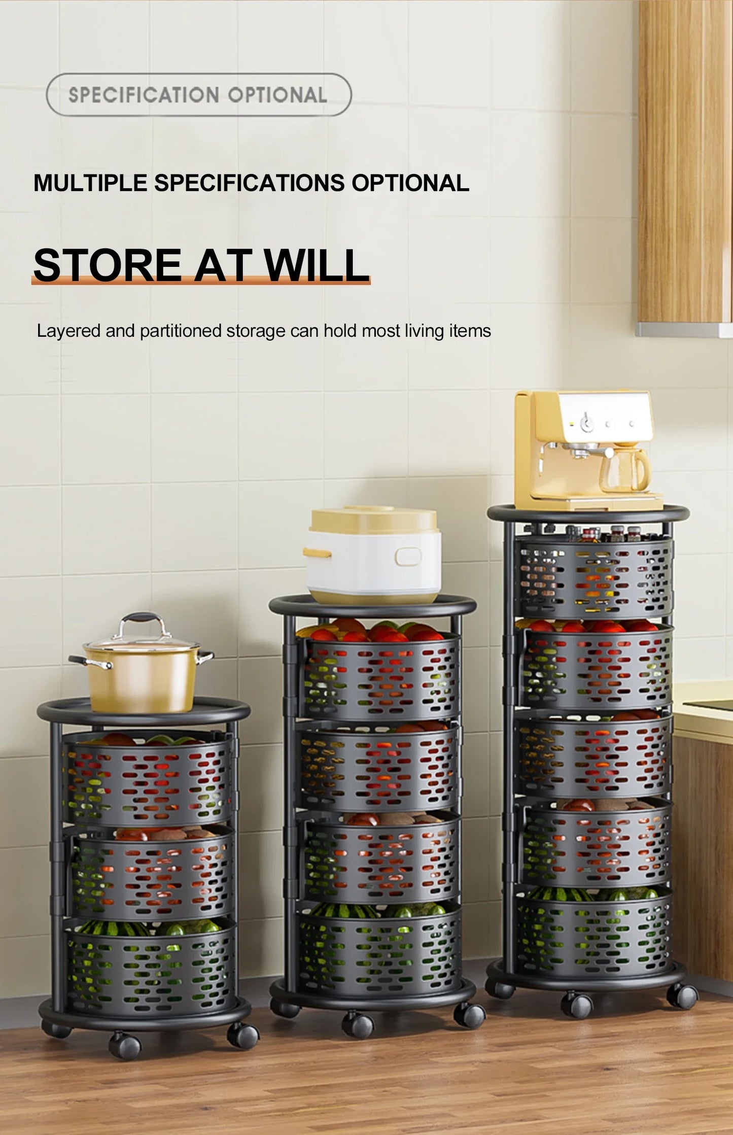 5 Layer Stainless Steel Rotating Shelf - Kitchen & Bathroom Storage Baskets, Fruit & Vegetable Rack with Wheels