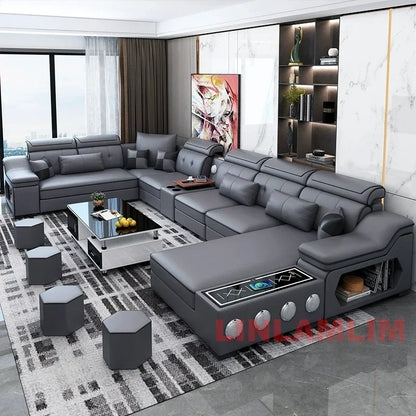 Linlamlim Modern Sectional Sofa Set - Fabric Chaise Lounge with Bluetooth Speakers & USB Charging Ports for Living Room