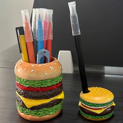 Miniso Cute Burger Pen Holder — Fun Desktop Organizer for Pens, Bedroom Desk Decoration, and Gift for Friends