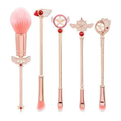 5-Piece Sakura Makeup Brush Set - Soft Fluffy Metal Handle Powder, Eyeshadow & Eyebrow Brushes