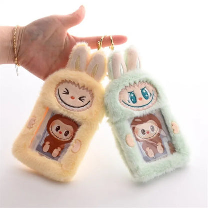 Kawaii Labubu Fluffy ID Card Keychain – Cartoon Sliding Card Holder for Students, Meal & Bus Cards, Cute Photo Album Gift for Kids