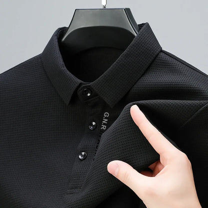 Men's Waffle Long Sleeve Polo Shirt - Letter Print Casual Lapel Top